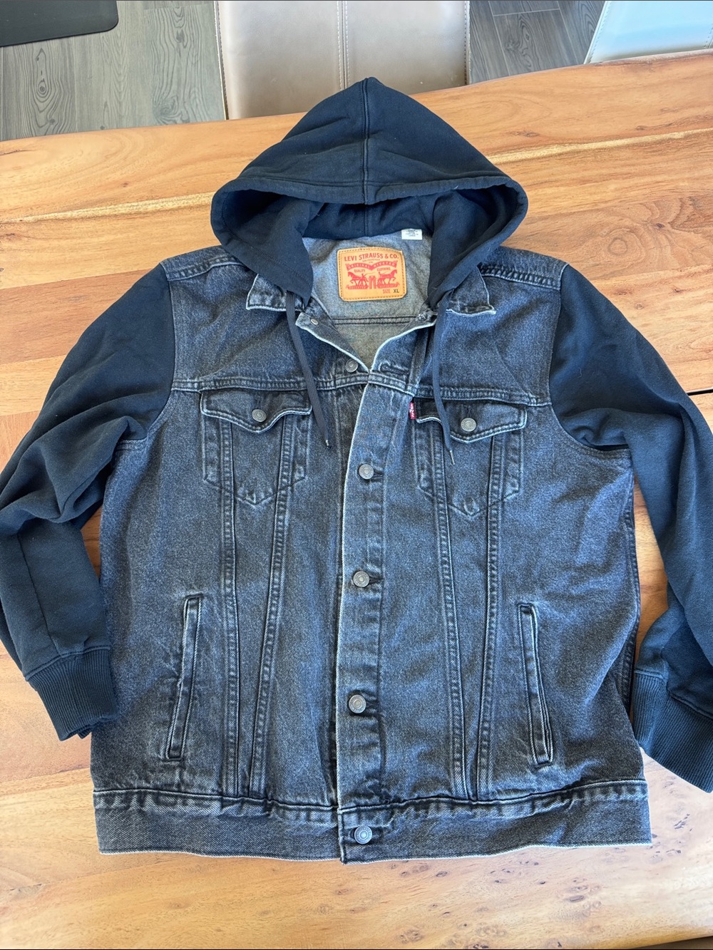 Levi's Black Hooded Denim Jacket with Sweatshirt Sleeves